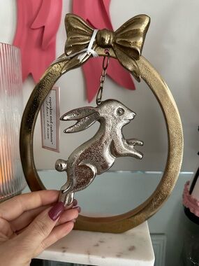 cupcakes & cashmere Pink and Gold Decorative leaping rabbit in gold frame NEW